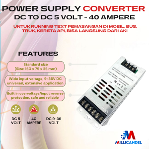 POWER SUPPLY INPUT DC 9 – 36 VOLT OUTPUT 5 VOLT 40 AMPERE UNTUK MOBIL BUS TRUK – 5V – 40A