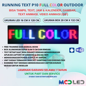 RUNNING TEXT P10 LED SMD OUTDOOR RGB FULL COLOR UKURAN LED 16X128 CM UKURAN BOX 20X132 CM