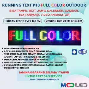 RUNNING TEXT P10 LED SMD OUTDOOR RGB FULL COLOR UKURAN LED 16X160 CM UKURAN BOX 20X164 CM