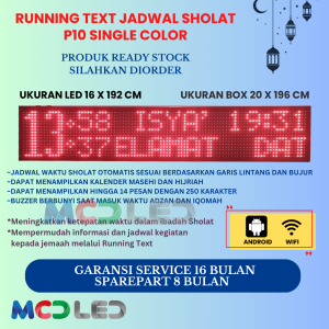 JADWAL SHOLAT DIGITAL RUNNING TEXT JWS P10 WARNA MERAH UKURAN LED 16X192 CM UKURAN BOX 20X196 CM