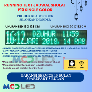 JADWAL SHOLAT DIGITAL RUNNING TEXT JWS P10 WARNA HIJAU UKURAN LED 16X128 CM UKURAN BOX 20X132 CM