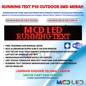 RUNNING TEXT P10 LED SMD OUTDOOR WARNA MERAH UKURAN LED 16X128 CM UKURAN BOX 20X132 CM