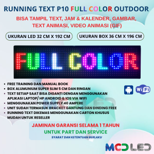 RUNNING TEXT 32X192 CM P10 LED SMD OUTDOOR RGB FULL COLOR UKURAN BOX 36X196 CM