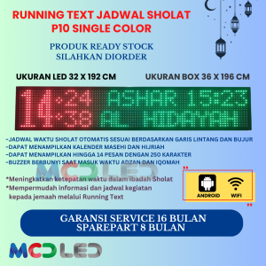 JWS 32X192 CM JADWAL WAKTU SHOLAT P10 WARNA MERAH HIJAU UKURAN BOX 36X196 CM