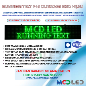 RUNNING TEXT 32X160 CM P10 LED SMD OUTDOOR WARNA HIJAU UKURAN BOX 36X164 CM
