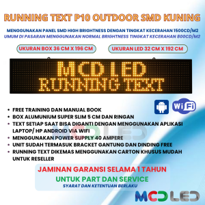 RUNNING TEXT 32X192 CM P10 LED SMD OUTDOOR WARNA KUNING UKURAN BOX 36X196 CM